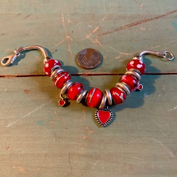 Hearts - Enameled Red Heart Drop Charm Bracelet -  Red Bead Bracelet - Picture 1 of 7